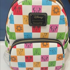 Loungefly White Checkerboard Mini Backpack Multicolor Disney Icons BRAND NEW
